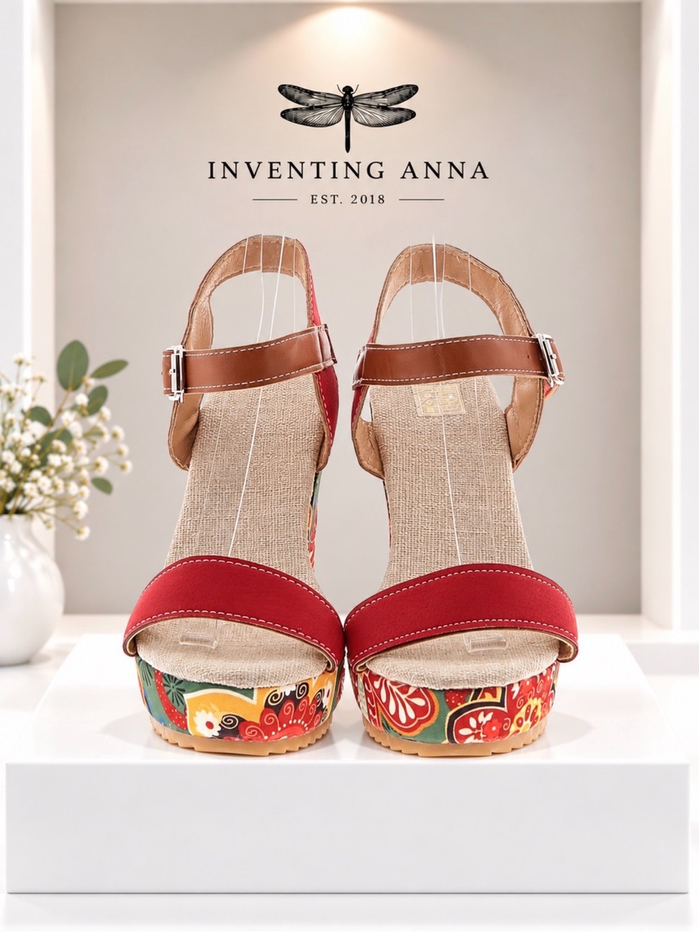 Boho Floral Print Wedge Sandals Red Brown Ankle Strap Platform Heels